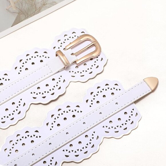 Women Wide Belt Chunky Belts Thick Leather Waist Belt Prong Buckle Gold White main image 5
